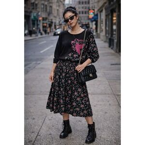 Vintage‎ 80s Coordinated Skirt And Sweatshirt Set Floral Pink Black Dolman Midi
